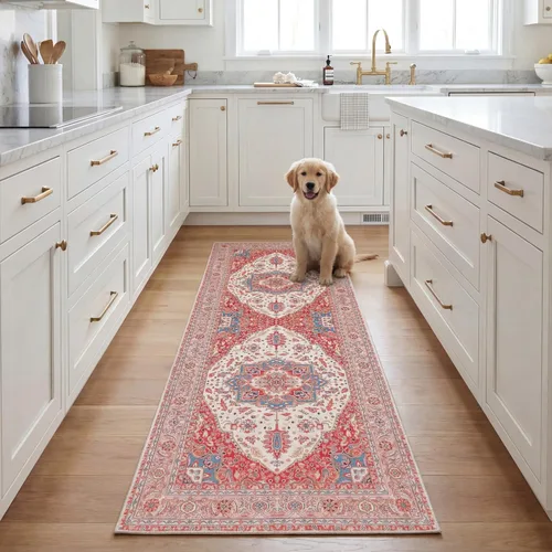 Vista 13 de SAFAVIEH Tucson Collection - Alfombra lavable de 2 pies 6 pies x 6 pies, color beige y al óxido, antideslizante y fácil de limpiar, ideal
