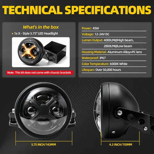 Vista 6 de 5 3/4 5.75 Pulgadas Faro LED para Motocicleta con Carcasa de Faro y Soporte DRL Ámbar para Motocicleta Compatible con Kawasaki Shadow para Motos