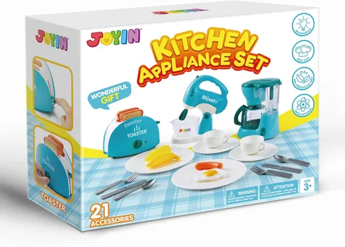 Vista 8 de Joyin Juguetes de cocina para jugar, accesorios de cocina de comida para niñas, juguete con cafetera, mezclador, tostadora con luces y sonidos Azul