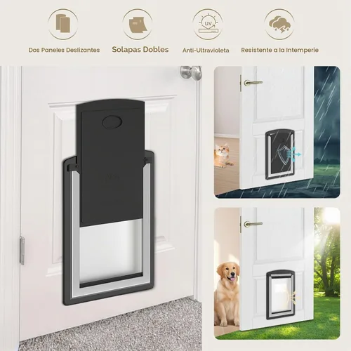 Vista 3 de MAVRICFLEX Puerta para gatos para puerta, marco completamente de acero inoxidable con doble solapa suave y 2 paneles deslizantes de ABS