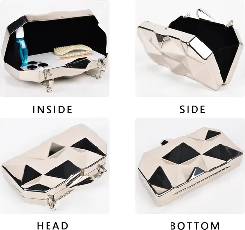 Vista 4 de QZUnique Bolso de mano de metal con diseño geométrico, de noche, con cadena de corte de piedra abstracta para mujer