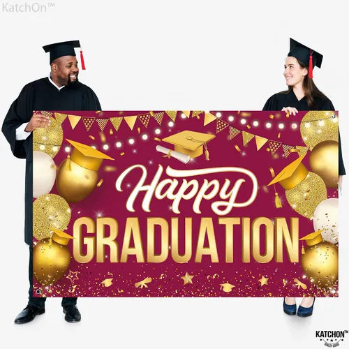 Vista 3 de KatchOn, Cartel de feliz graduación granate y dorado XL, 72 x 44 pulgadas Fondo de graduación 2025, decoraciones de graduación clase de 2025