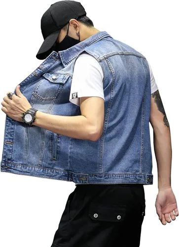Vista 3 de DAVID.ANN Chaleco de mezclilla para hombre, chaqueta sin mangas de camionero