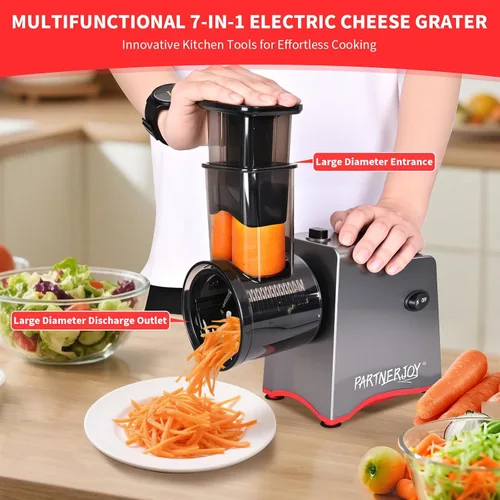 Vista 2 de Rallador Eléctrico de Queso, Rallador de Queso Eléctrico 7 en 1 para Queso en Bloque, Rebanadora Eléctrica de 250W, Rallador Eléctrico Automático