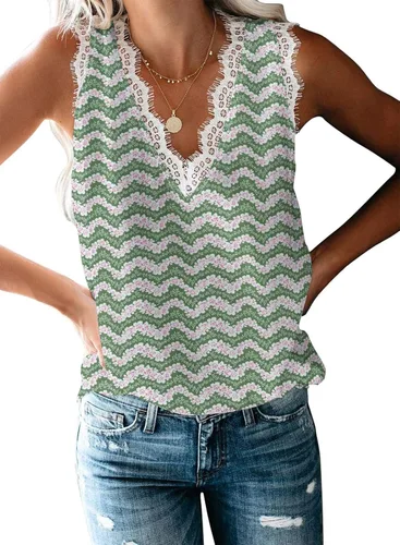 Vista 142 de VIISHOW - Camiseta sin mangas, sexy, con cuello en V y bordes de encaje para mujer, camisola de vestir, camisas de gasa, sin mangas, casuales