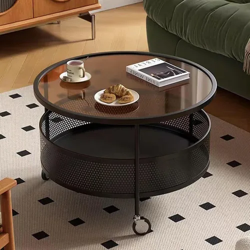 Vista 12 de Mesa de centro de cristal con ruedas giratorias, mesa de té redonda de 2 niveles con cesta de almacenamiento hueca de hierro, moderna mesa central