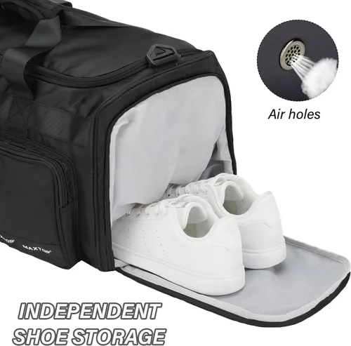 Vista 3 de MAXTOP Bolsa de gimnasio grande para hombres y mujeres con compartimento para zapatos, separación húmeda y seca, bolsa de lona negra para viajes