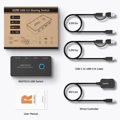 Vista 8 de RSHTECH USB 3.2/USB C Switch 10Gbps 2 ordenadores comparten 4 dispositivos, RSH-A201C Negro