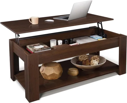 Vista 10 de CAPHAUS Mesa auxiliar elevable con almacenamiento y compartimento oculto, mesa elevadora para sala de estar, estante inferior abierto, 41 pulgadas