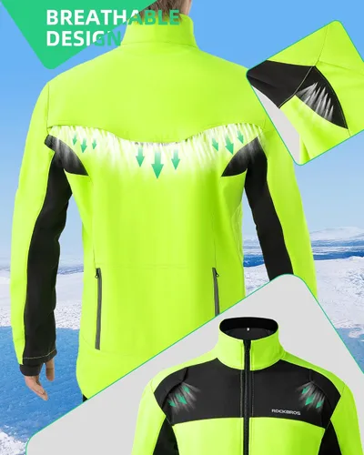 Vista 2 de ROCKBROS Chaquetas de ciclismo para hombre, chaquetas de ciclismo de invierno, chaqueta térmica a prueba de viento, clima frío, ciclismo, senderismo