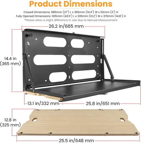 Vista 5 de E-cowlboy Mesa Plegable para Portón Trasero de 2007-2024 Jeep Wrangler JK JKU JL JLU Unlimited Sports Freedom Sahara Rubicon - Soporte de Carga