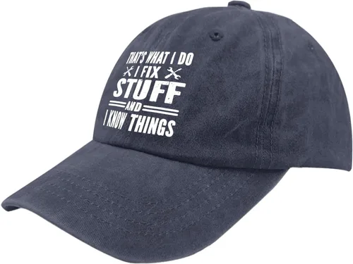 Vista 2 de Gorro de béisbol con texto en inglés "That's Whats I Do I Fix Stuff and I Know Things" para mujer, diseño gráfico lavado de mezclilla ajustable