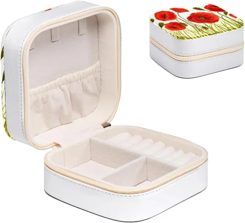 Vista 2 de KQNZT Joyero pequeño para niñas, organizador de joyas de viaje de piel sintética, flor roja de amapola de maíz floral