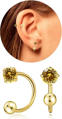 Vista 26 de Pequeños aretes de piedra natal natural de 0.118 pulgadas para mujeres, adolescentes y niñas, pequeños aretes de medio aro para cartílago