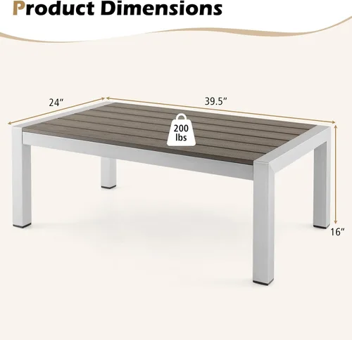Vista 3 de Tangkula Mesa de centro de aluminio para exteriores, moderna mesa de cóctel rectangular con mesa de madera de plástico y marco de aluminio