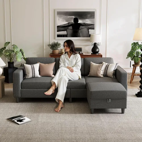 Vista 6 de Sofás Seccionales para Sala de Estar - Sofá Moderno en Forma de L Gris Oscuro de 3 Asientos con Otomana de Almacenamiento Reversible y Bolsillos