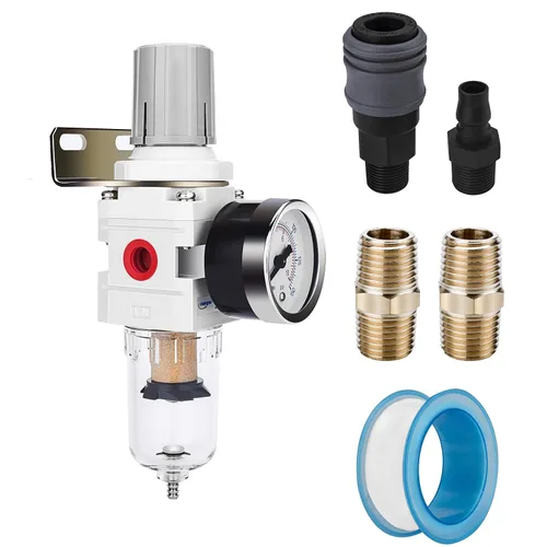 Vista 12 de 1" NPT Filtro de aire comprimido regulador combinado tipo piggyback, elemento de latón de 5 micrones, cuenco de policarbonato, desagüe