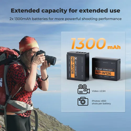 Vista 2 de K&F Concept Batería y cargador NP-W126 NP-W126S de 1300 mAh para Fujifilm XM5, X100VI, X100V, XS10, XT30, XT30 II, XT20, XE4, A5, cargador rápido
