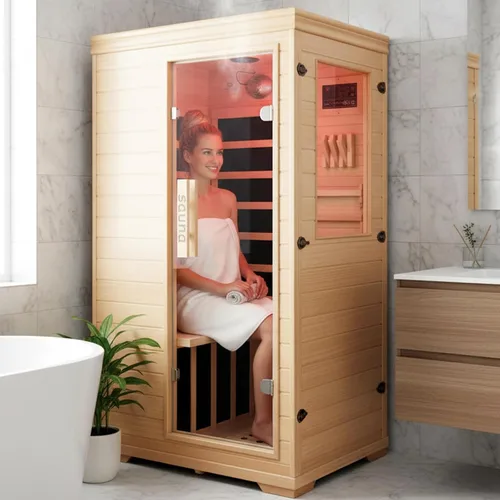 Vista 33 de Sala de sauna de infrarrojo lejano de 1350W para el hogar, sauna de madera canadiense de Hemlock de calentamiento rápido bajo EMF, luz de sauna que