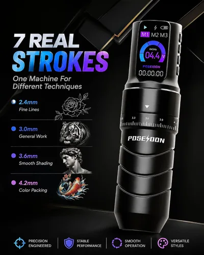 Vista 2 de Poseidon Kit de pistola de tatuaje inalámbrico 7 tiempos 2300mAh batería Negro-144