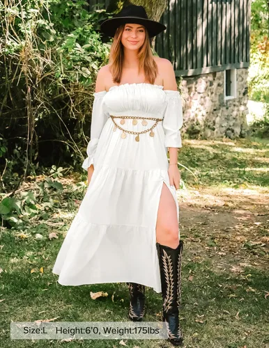 Vista 6 de ZESICA - Vestido largo, bohemio y sexy, con hombros descubiertos y manga larga fruncida, con elástico fruncido, cintura alta y abertura lateral