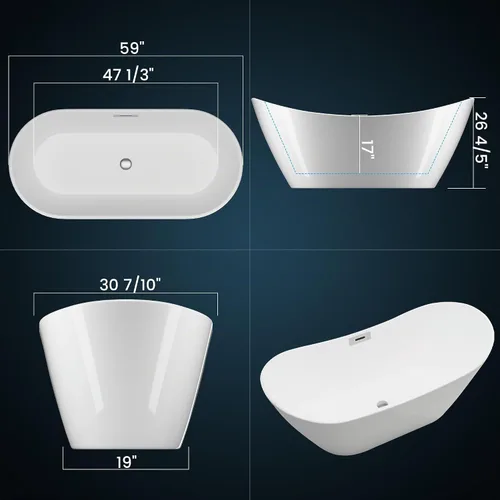 Vista 4 de 59 Inch Freestanding Bathtubs, White Acrylic Free Standing Bathtub, Modern Soaking Tub with Integrated Overflow & Chrome Drain for Bathroom Remodel