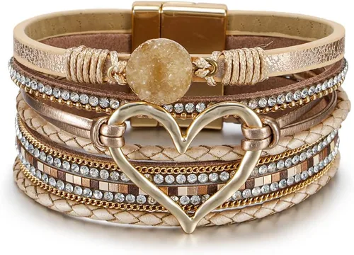 Vista 45 de Fesciory - Pulsera de leopardo para mujer, estilo bohemio de cuero multicapa con perlas de cristal