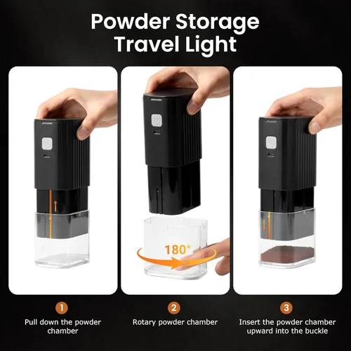Vista 3 de VEVOK CHEF Molinillo de café eléctrico portátil, molinillo de grano de café cónica ajustable, molinillo de un botón con recargable por USB, parada