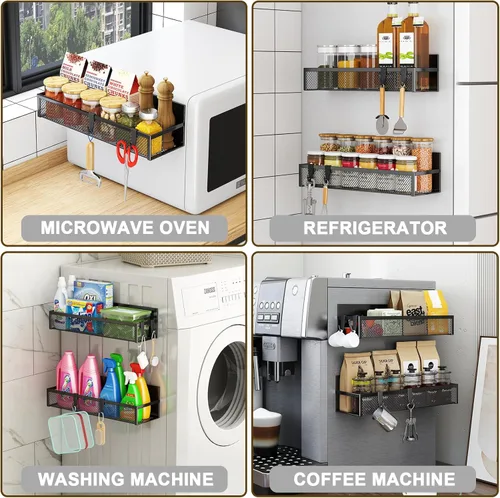 Vista 5 de Aufworld Estante magnético para especias para refrigerador, paquete de 2 estantes magnéticos, organizador magnético para refrigerador con 4 ganchos