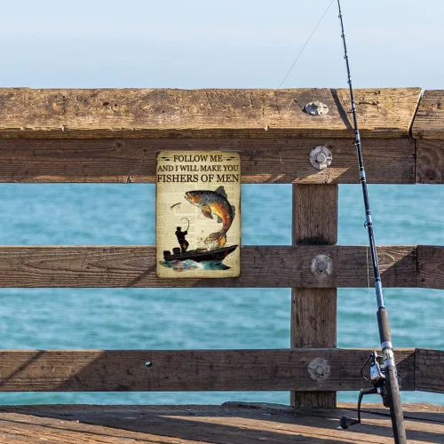 Vista 7 de SUPERDANT Letreros de estaño de pesca con texto en inglés "Follow Me And I Will Make You Fishers Of Men