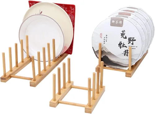 Vista 3 de Juego de 4 escurridor de madera de bambú para platos y escurridor, soporte de almacenamiento para guardar platos, tazones, libros