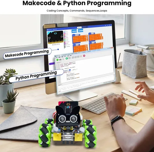 Vista 3 de KEYESTUDIO 4WD Smart Car Coding Robot Kit con Microbit V2 para Makecode y Python, kit de robot de construcción DIY para educación STEM 15+, control
