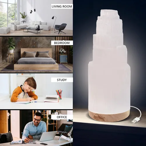 Vista 7 de Himalayan Glow WBM Lámpara de Cristal de Selenita de 20 cm, Lámpara Rascacielos Marroquí, Cristales y Piedras Curativas para Sanación y Meditación