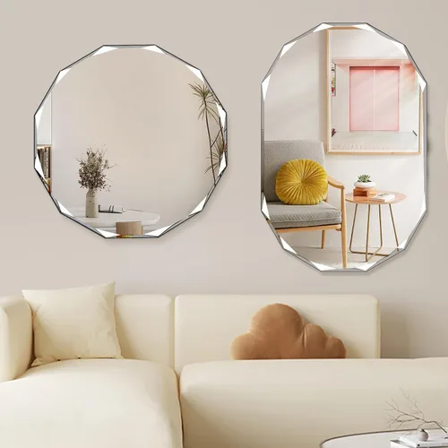 Vista 7 de QDSSDECO Espejo de pared sin marco con borde biselado de 24 x 24 pulgadas, forma irregular, espejo de tocador único, espejo de pared sin marco