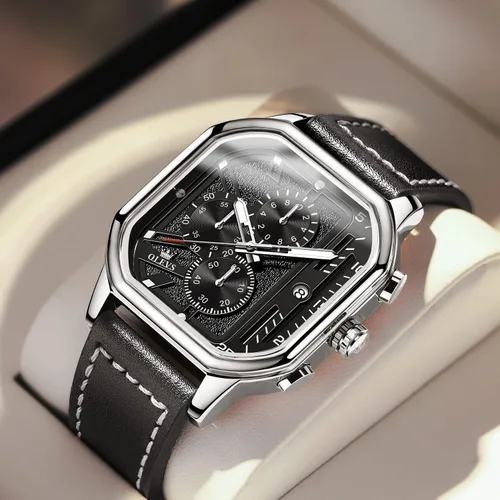 Vista 4 de OLEVS Chronograph Watch for Men, Men Leather Watch Big Face, Waterproof Men's Quartz Watch with Date, BlackWhiteGoldBlue Dial