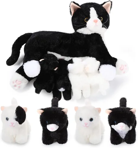 Vista 11 de Skylety Animal de peluche Nurturing con 4 gatitos de peluche, gatos de peluche para niñas y niños, mamá gatita de peluche con gatitos para regalos