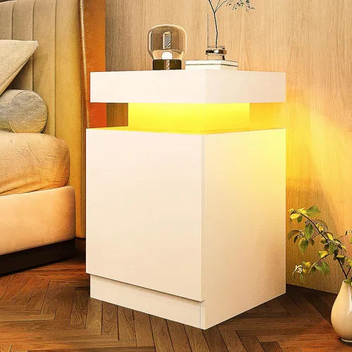 Vista 3 de oneinmil Nightstand Set of 2 with LED Lights, Night Stand with Storage Cabinet for Bedroom, Bedside Table with LED, White Blanco