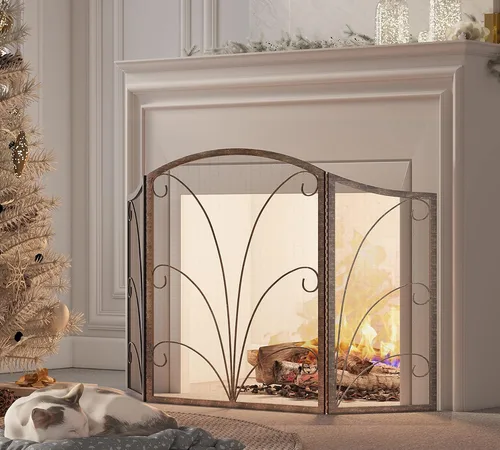 Vista 10 de Kingson - Pantalla para chimenea de 3 paneles con arco decorativo, hecha a mano, de hierro forjado con espiral, cubierta protectora contra chispas