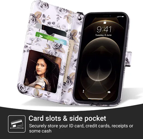 Vista 3 de ULAK Compatible con iPhone 12 Pro Max Funda Cartera con Portarjetas, Funda de Cuero PU con Soporte Plegable Ranuras para Tarjetas Correa de Muñeca