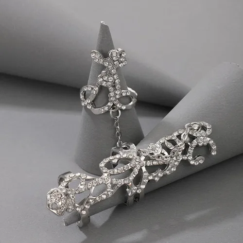 Vista 4 de Anillo de dedo completo para mujer, cadena de mano, dije de hoja, anillo de dedo con cadena nudillo, anillo de dedo largo abierto, cadenas de mano