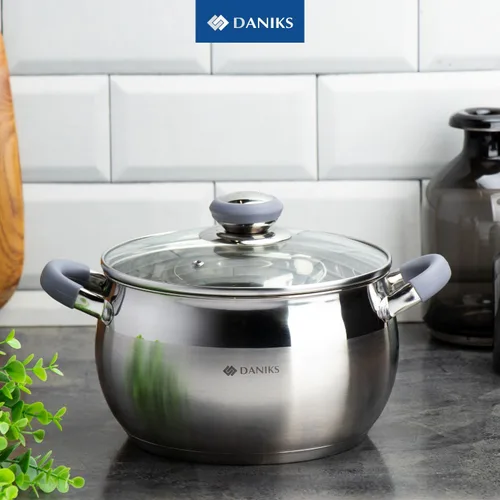 Vista 8 de Daniks - Olla moderna de acero inoxidable con tapa de vidrio, inducción, 2 cuartos, olla apta para lavavajillas, asas a prueba de calor, olla