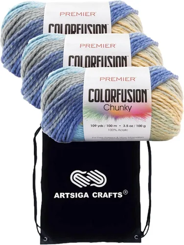 Vista 10 de Premier Yarns Colorfusion Chunky Autumn Sky 1174-02 (3 madejas) Same Dyelot Chunky Bulky #5 - Hilo de tejer suave 100% acrílico con 1 bolsa