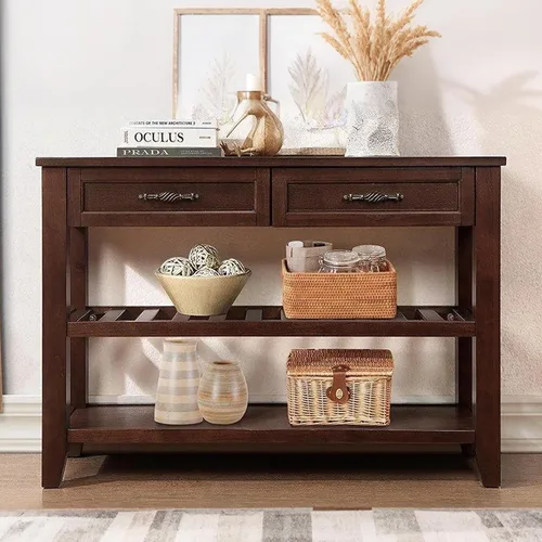 Vista 13 de Mesa consola de madera maciza de 42 pulgadas para entrada, mesa de sofá con cajones Farmhous Sofa Table with Storage Cabinets & Drawers,Solid Wood