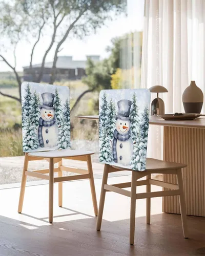 Vista 3 de Paquete de 4 fundas para respaldo de silla de muñeco de nieve de Navidad azul para sillas de comedor, lavables y extraíbles, protector de silla