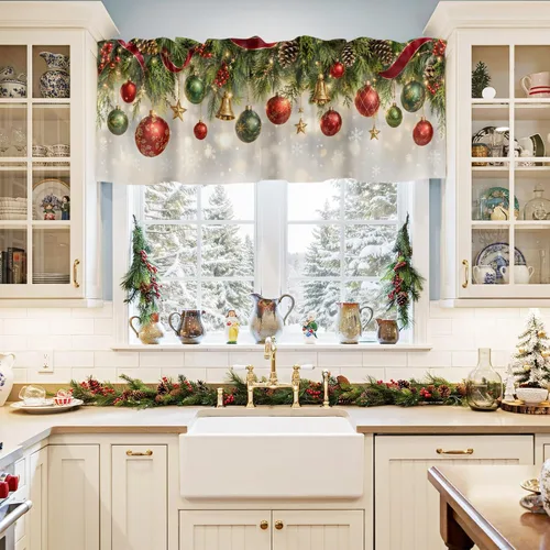 Vista 2 de Christmas Valances for Windows Kitchen Curtains Christmas Balls Bell Window Valance, Gold Star Snowflake Pine Needle Short Topper Window Curtain