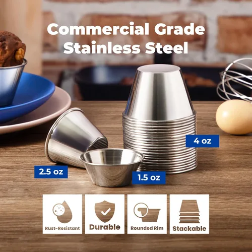 Vista 3 de Fit Meal Prep [Paquete de 12] Tazas de salsa de inmersión de acero inoxidable de 1.5 onzas, moldes de metal reutilizables, cuencos de condimentos