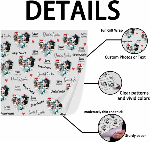Vista 3 de Artsadd Papel de regalo personalizado con texto con imagen para aniversario, día de San Valentín, papel de regalo con foto personalizada con corazón