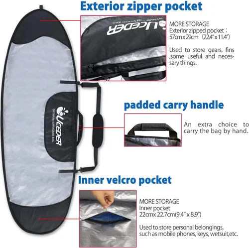Vista 6 de Funda para tabla de surf y bolsa de almacenamiento para tabla de surf para viajes al aire libre, bolsa para tabla de surf de 5'0"-9'10", máxima