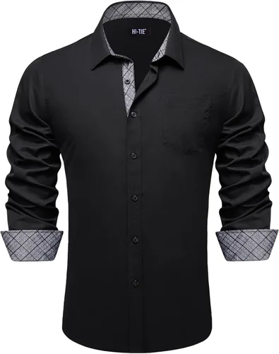 Vista 23 de Hi-Tie Camisa de manga larga jacquard con contraste interior sin arrugas para hombre