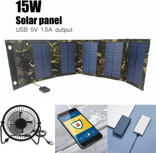 Vista 3 de Panel solar portátil de 20 W, carga de emergencia al aire libre, impermeable, plegable (salidas USB de 5 V/1.2 A) (camuflaje de 15 W)
